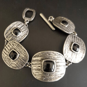 Lia Sophia 80s‎ Style Pewter Tone Bracelet With Black Onyx Cabochons